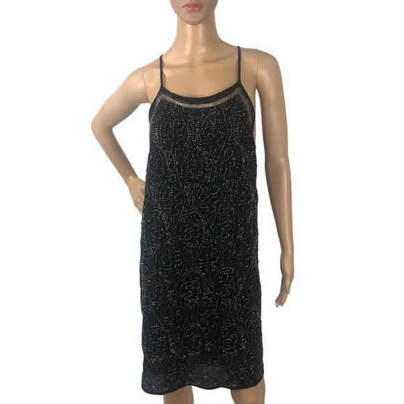 Alya Black Beaded Embellished‎ Party Cocktail Shift Dress Size M 1920's Flapper - Picture 1 of 8